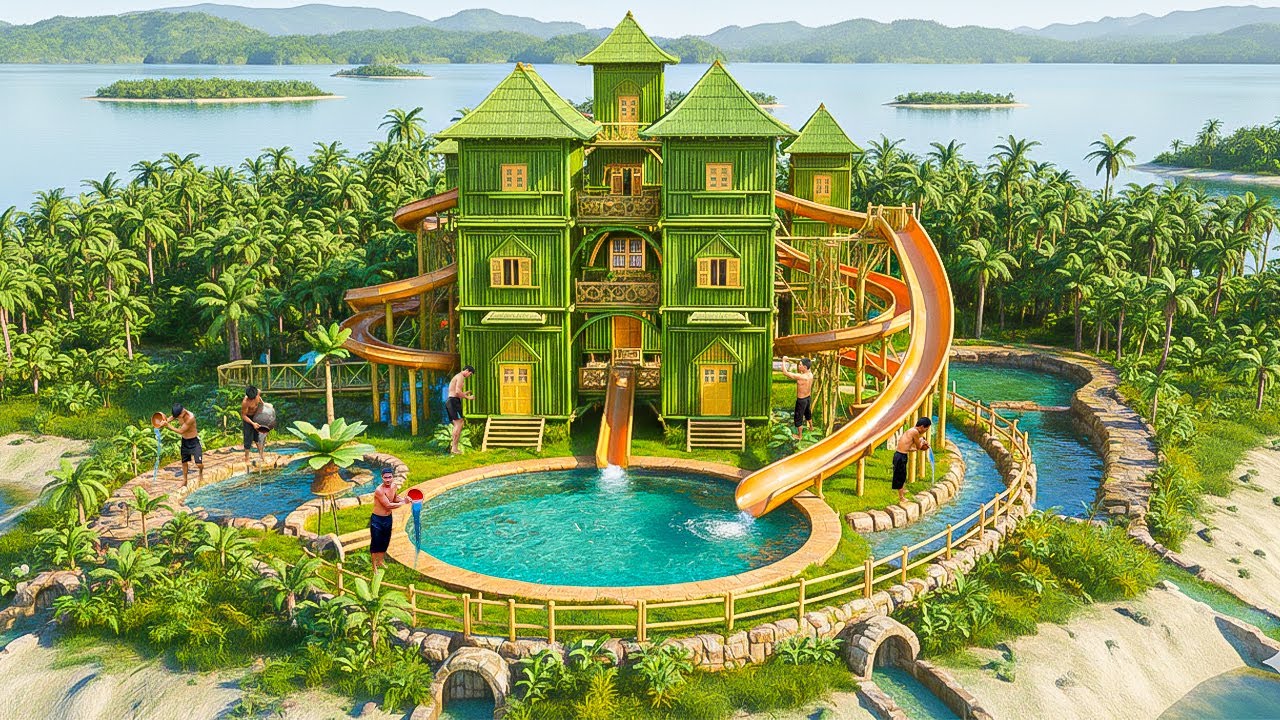 180 Days Building a Massive Bamboo Slide House on the Hidden Jungle Island Using Primitive Tools