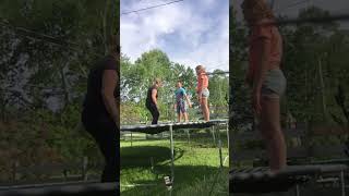 Mom and her kids jump on trampoline then Mom lands on her knees and goes flying off the trampoline