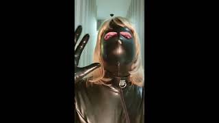 Naughty blond rubber doll encased in kinky fetish latex outfit !