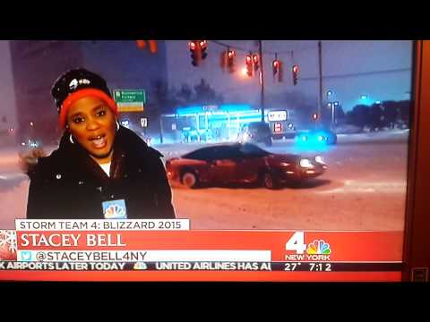 Stacey Bell on NBC News almost gets hit by a drifting car during the 2015 Blizzard Coverage!