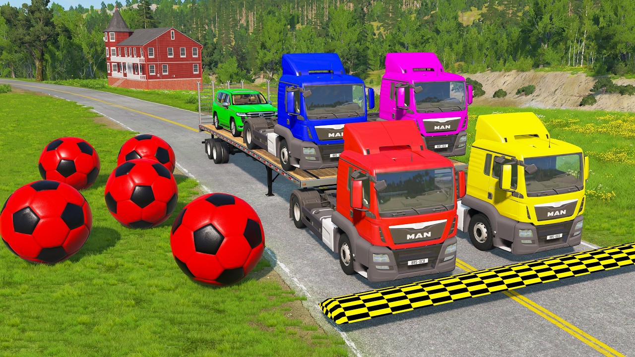 TRANSPORTING PIXAR CARS & FRUITS WITH COLORED & JOHN DEERE vs CLAAS vs TRACTORS - BeamNG.drive