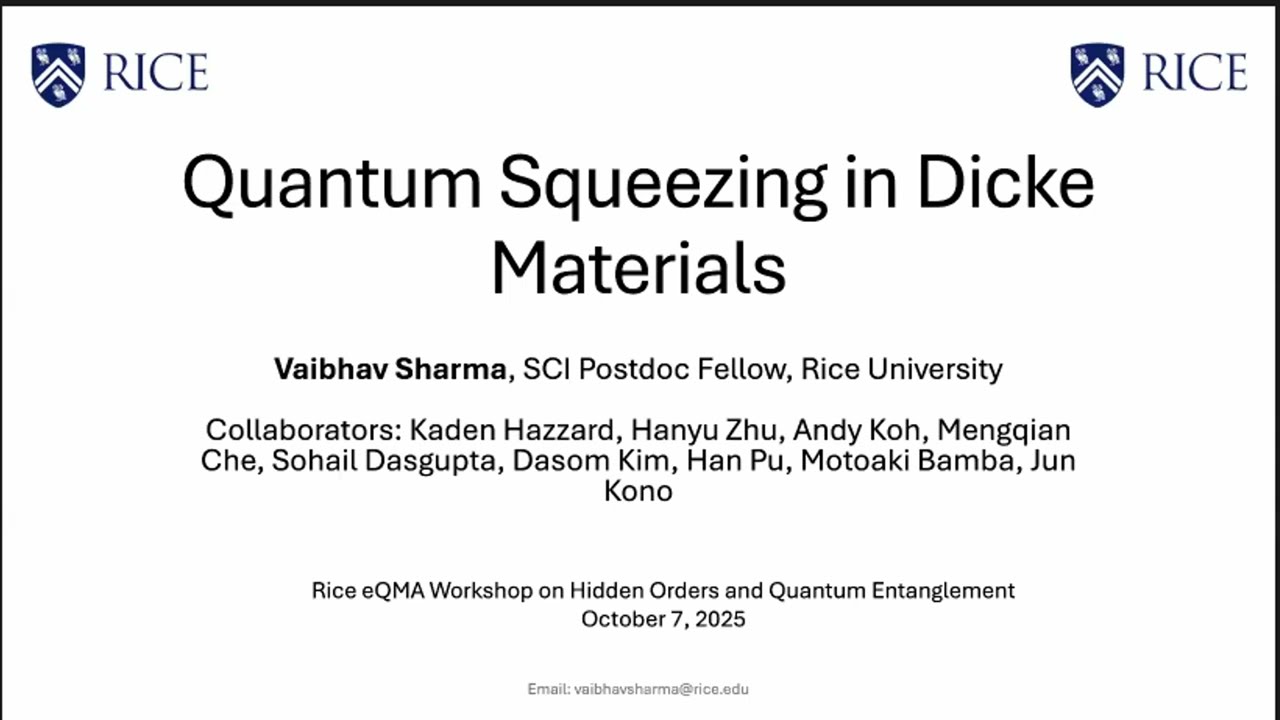 eQMA/HOQE: V. Sharma: Squeezing in Dicke materials: Effect of T, disorder, & local spin interactions