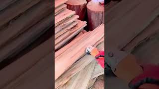 smoothing a rough wooden board with a handheld power grinder machine to reveal its bright pink color