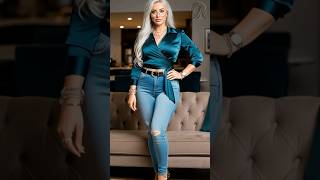 Digital Try-On Satin Teal Top High Waist Distressed Denim And Heels