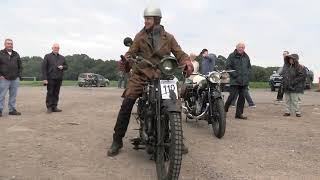 Old veteran motorcycles prepare and start up for the 2024 Pioneer Run.