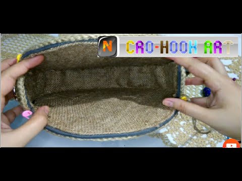 كروشيه طريقة تركيب البطانه لشنطه مدوره خيش      