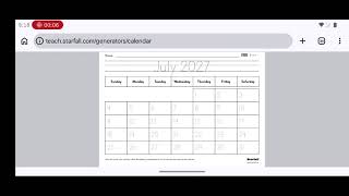 Starfall Calendar July 2027 