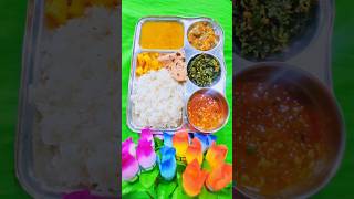 Rice dal, brinjal curry,saag, ?tomato chutney & radish pickle desithali thali indiankitchen
