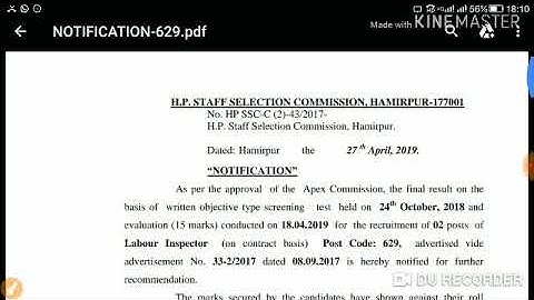 HPSSC Labour Inspector ( Post Code - 629 ) Final Result Declared Today | Held on - 24 Oct 2018 |