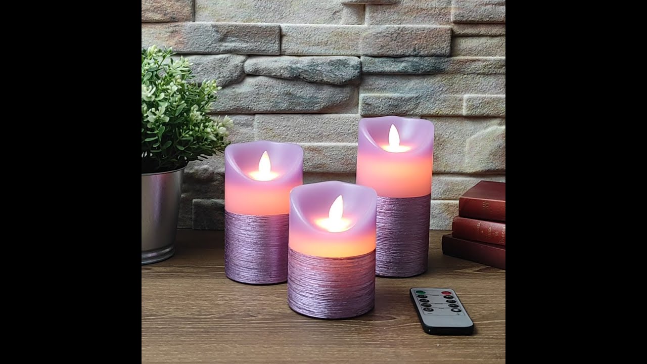 Lot de 3 bougies Violettes Flamme Vacillante blanc chaud avec Télécommande  