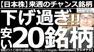 【日本株－来週のチャンス銘柄】下げすぎ！安い！20銘柄　東証１部で売買代金の多い主要銘柄の中で、特に最近、株価が下がっている銘柄を紹介する。いつもの日経平均分析、東証１部主要個別銘柄のチャート分析も。