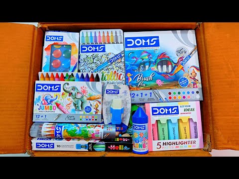 Unboxing Classic Doms Stationery 📚, Brush Pen, Eraser, Water Colour, Oil Pastel, Pencil, Highlighter