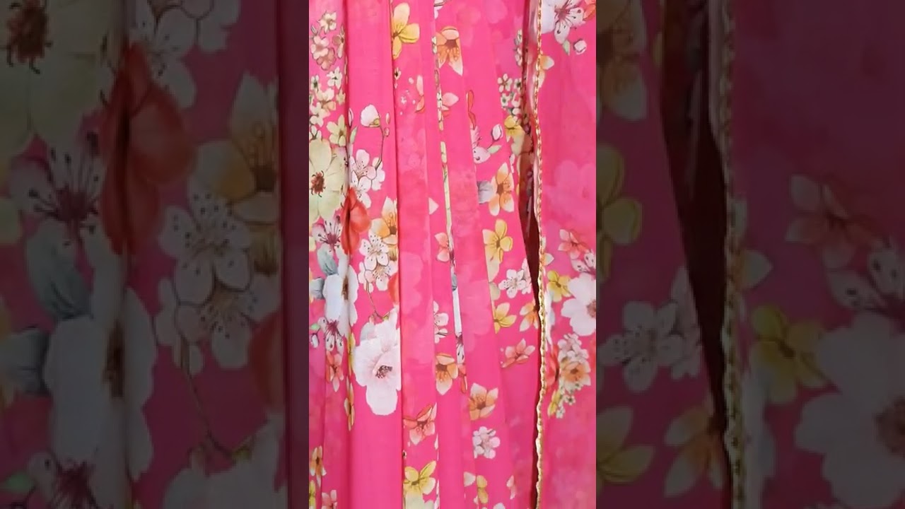Beautiful pink digital floral printed saree with lace attached with plain  contrast black blouse.