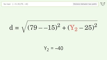 Find the distance between two points p1 (-15,25) and p2 (79,-40): Step-by-Step Video Solution