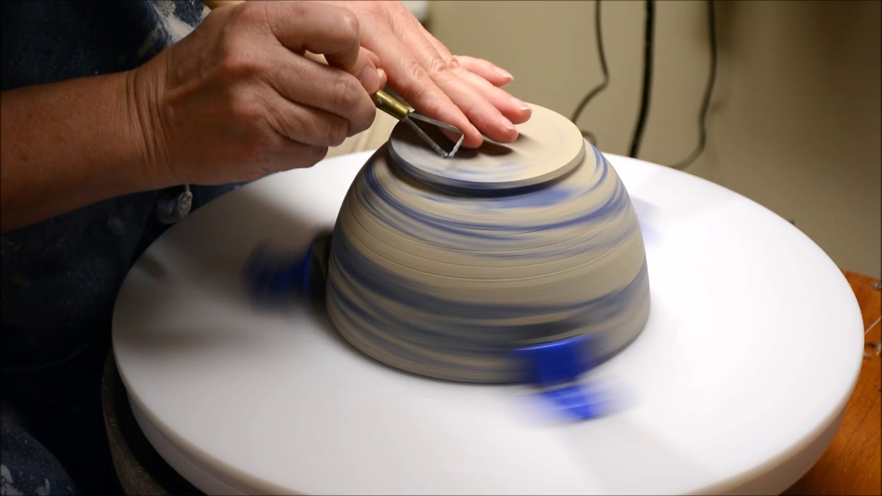 Trimming a Thrown Mason Stained Colored Clay Marbled Bowl or Agateware