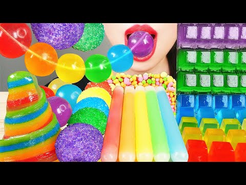 ASMR RAINBOW FOOD: NIK L NIP WAX BOTTLE STICKS, JELLO BALL ROPE,  MARSHMALLOW, NERDS ROPE CANDY 먹방