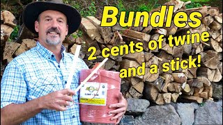 Make a firewood bundle tight with 2 cents of twine and a stick using the tourniquet technique.