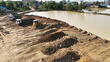 OMG!!! Power Machine Of Bulldozer SHANTUI DH17 C3 Land Filling In Pond With Power Of Dump Trucks