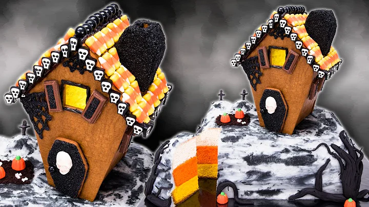 Gingerbread Haunted House Cake with Candy Corn Cake Layers for Halloween