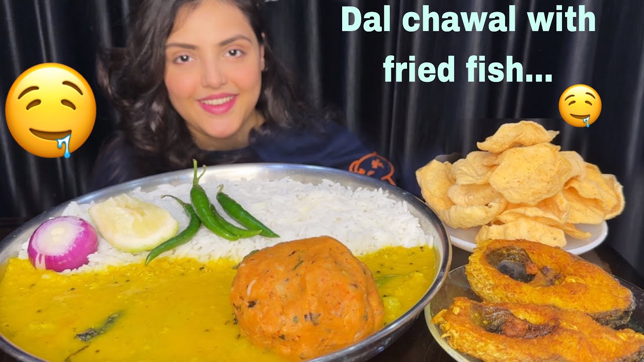 Eating Dal Chawal with Bharta, Fried Fish, Papad | Mukbang Eating Show