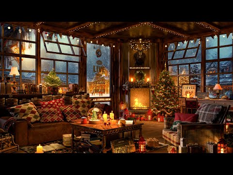 Warm Christmas Night with Relaxing Jazz Music & Crackling Fireplace in Cozy Coffee Shop Ambience 4K