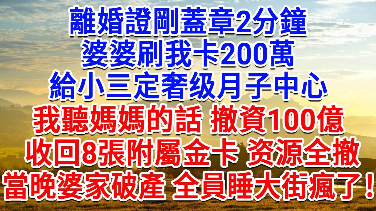 離婚證明剛蓋章2分鐘，婆婆正刷我卡200萬，給小三定月子中心，我聽媽媽的話，撤資100億，收回8張附屬金卡！當晚婆家破產全員睡大街瘋了！#為人處世#生活經驗#情感故事#故事#小說#戀愛#情感#婚姻
