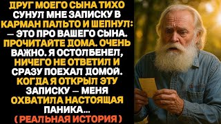 картинка: Друг моего сына оставил записку в моём пальто. Когда я её прочитал — я застыл