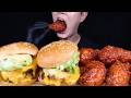 ASMR MUKBANG Spicy Fried Chicken Legs & Cheese Burger