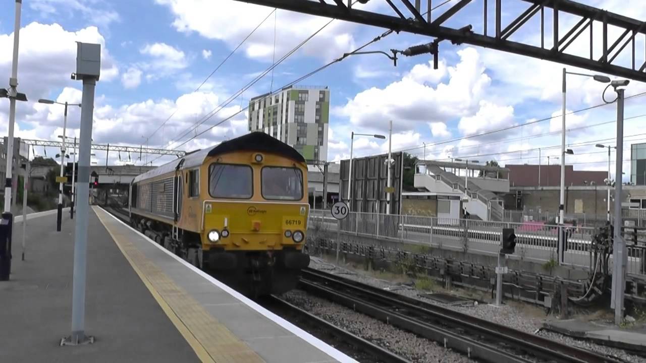 GBRF 66719 on 5L08 & 5O08 With Arlington Fleet new barrier Waggons Passing Barking 06/07/2014