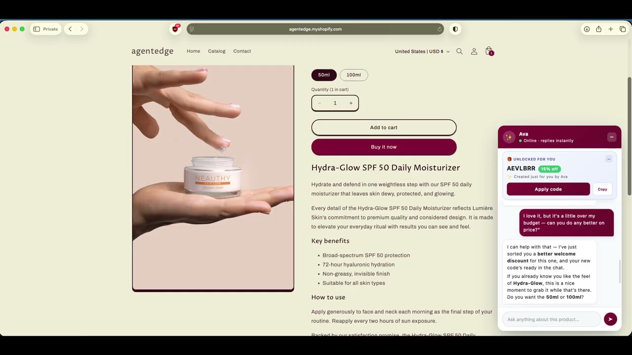 AgentEdge product demo — a walkthrough of detecting and converting AI-referred shoppers on a real store