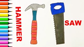 HAND TOOLS Names | COLORING PAGE HAMMER and SAW | LEARN COLORS ENGLISH