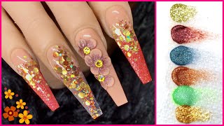 How To | Fall Nails | Acrylic Nails Tutorial | 3D Acrylic Flowers Nail Art | Coffin Nails | Swatches