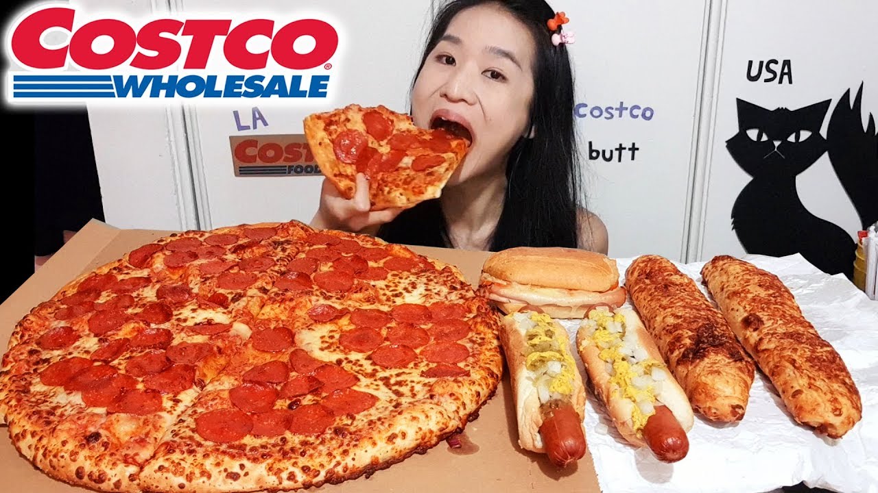 Huge Costco Food Feast Cheesy Pepperoni Pizza Chicken Bake Hot Dog Mukbang W Asmr Eating Youtube