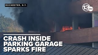 Man dead after fiery crash in hospital parking garage