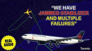 Jammed stabilizer. Air Canada Airbus A330 has flight control problem at Toronto. Real ATC