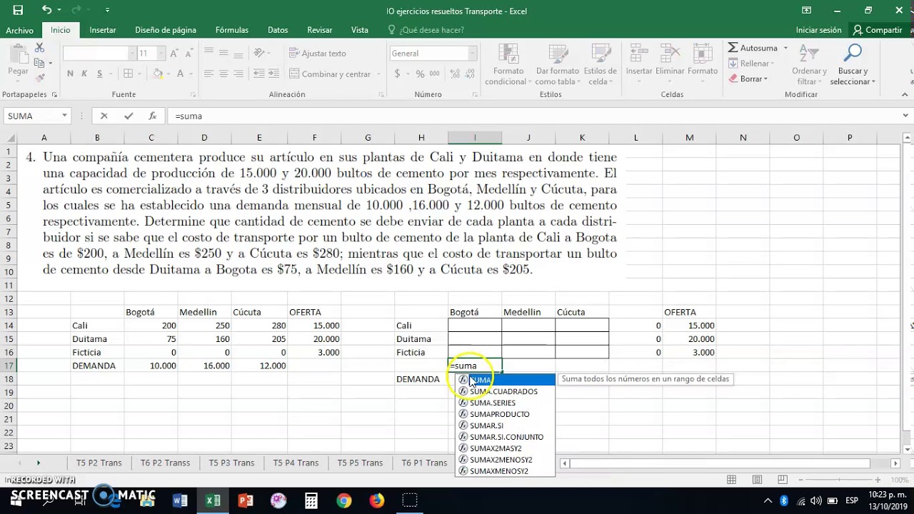Ejemplo de optimización con el método del transporte con excel - YouTube