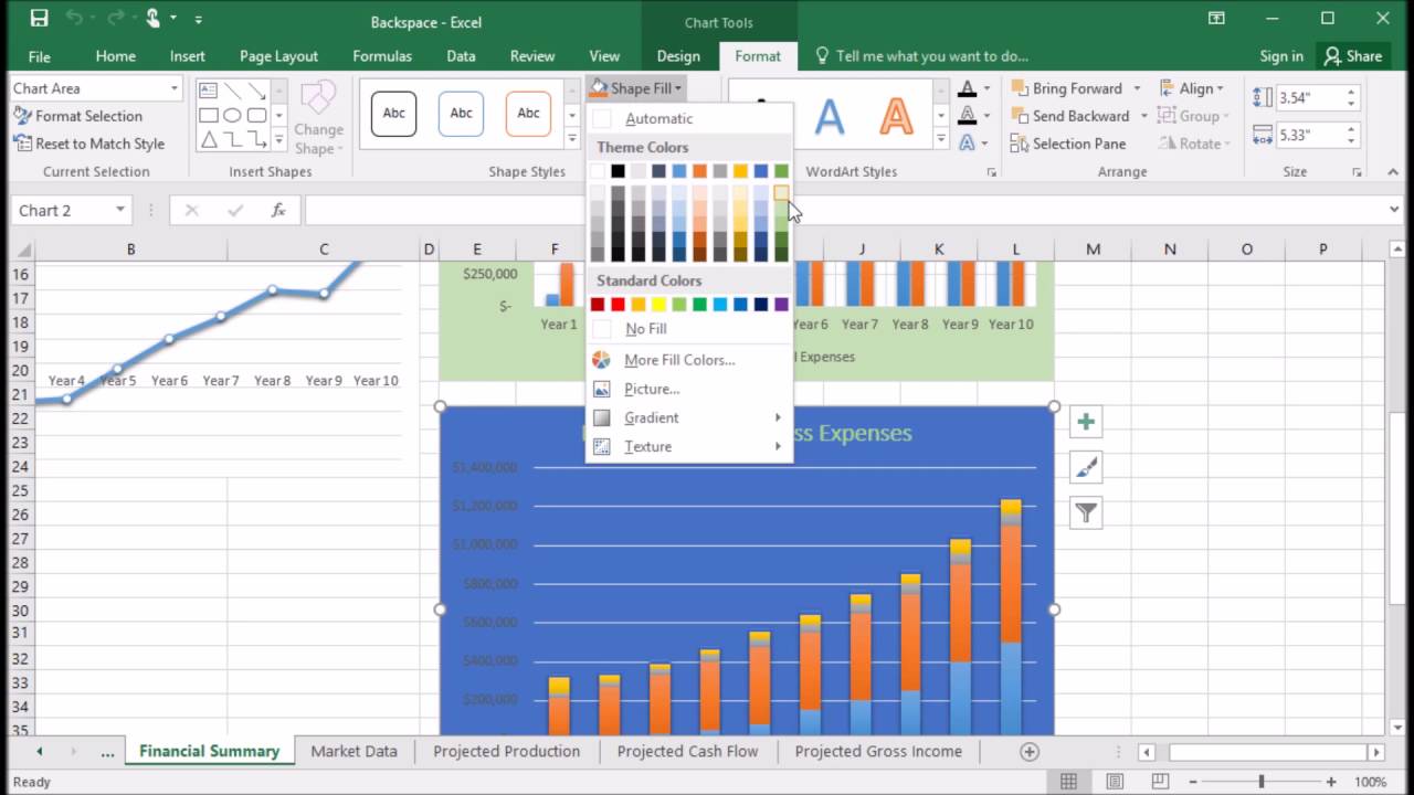 Thay đổi màu chart và plot areas trong Excel 2016 sẽ giúp bạn tạo ra những biểu đồ hấp dẫn và sáng tạo hơn. Những thay đổi này cũng đồng nghĩa với việc bổ sung thêm giá trị cho công việc của bạn. Hãy đón xem hình ảnh liên quan để khám phá tính năng này.
