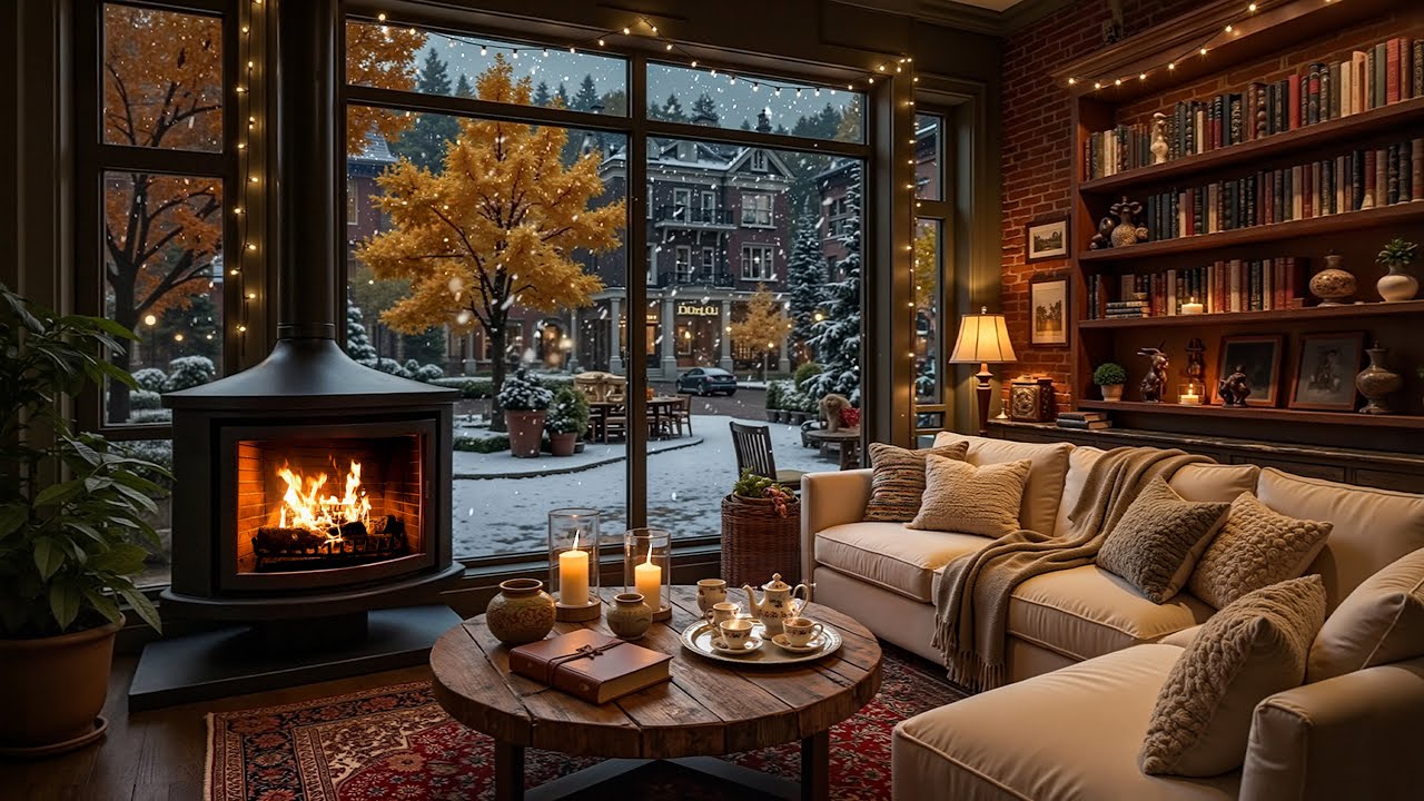 Cozy Winter Coffeehouse Ambience ☕ Soft Jazz Playlist & Fireplace Crackles for Focus, Study and Work