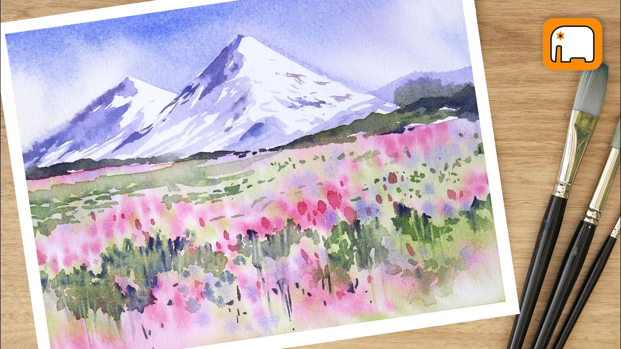 watercolor tutorials/ Flower field in the mountains - YouTube