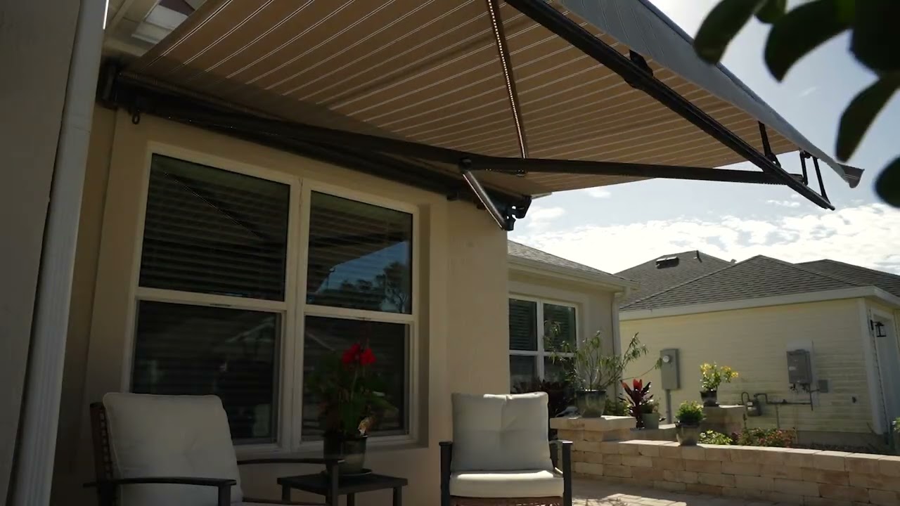 Beige Retractable Crossarm Awning Drop Screen Front Porch | SkyShade Awnings