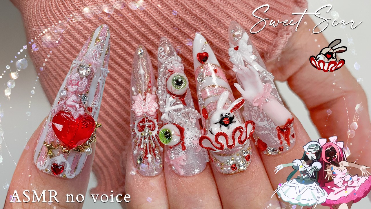 zombie stage mizisua inspired nail art 𓆩♡𓆪🐰 do my press on nails with me  ♡ ASMR no voice