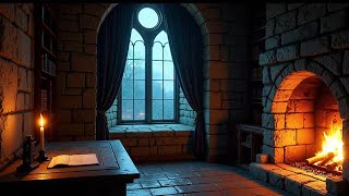 Castle Study at Midnight — Thunderstorm & Fireplace for Sleep #Shorts