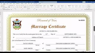 Antigua and Barbuda marriage certificate editable template