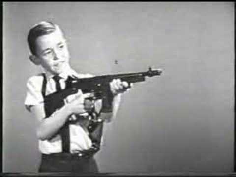 Rare early 60s tv commercial for Mattel's Tommy Burst submachine gun detective set. This was my favorite toy of all time. Load in some fresh caps, pull the bolt back, and it made a God-awful noise and it produced a small cloud of smoke around the barrel tip. It was fantastic!! Guaranteed to take your friends & relatives down, one at a time. ^_^