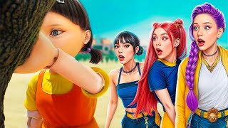 Chasseuses K‑Pop en vrai : Rumi, Zoe et Mira vs la poupée de Squid Game