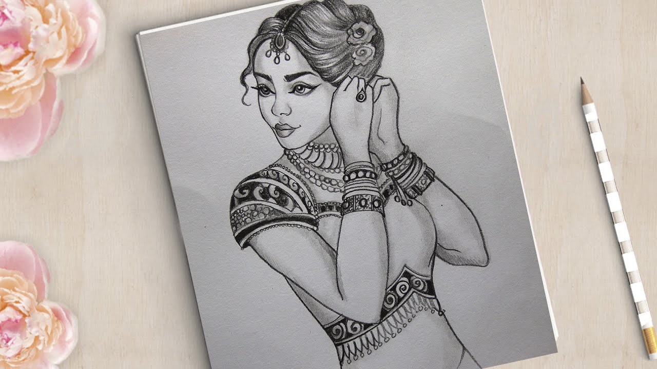 I tried to draw a traditional girl with dandiya dance in the drawing  today.indian girls drawing. | PeakD
