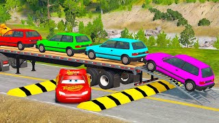 Flatbed Trailer Cars Transporatation with Truck - Pothole vs Car BeamNG Drive #17