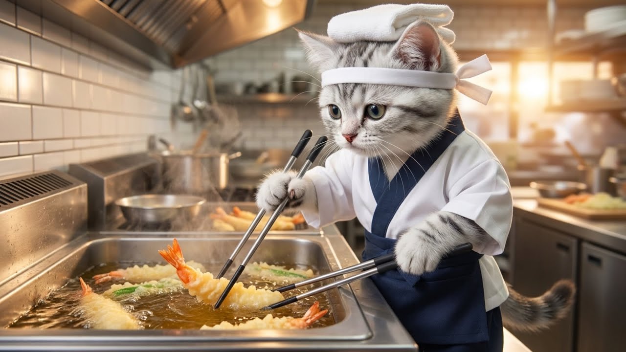 いらっしゃいませ!!新人てんぷら職人のお仕事体験!!ねこの一日に密着🐱🍤