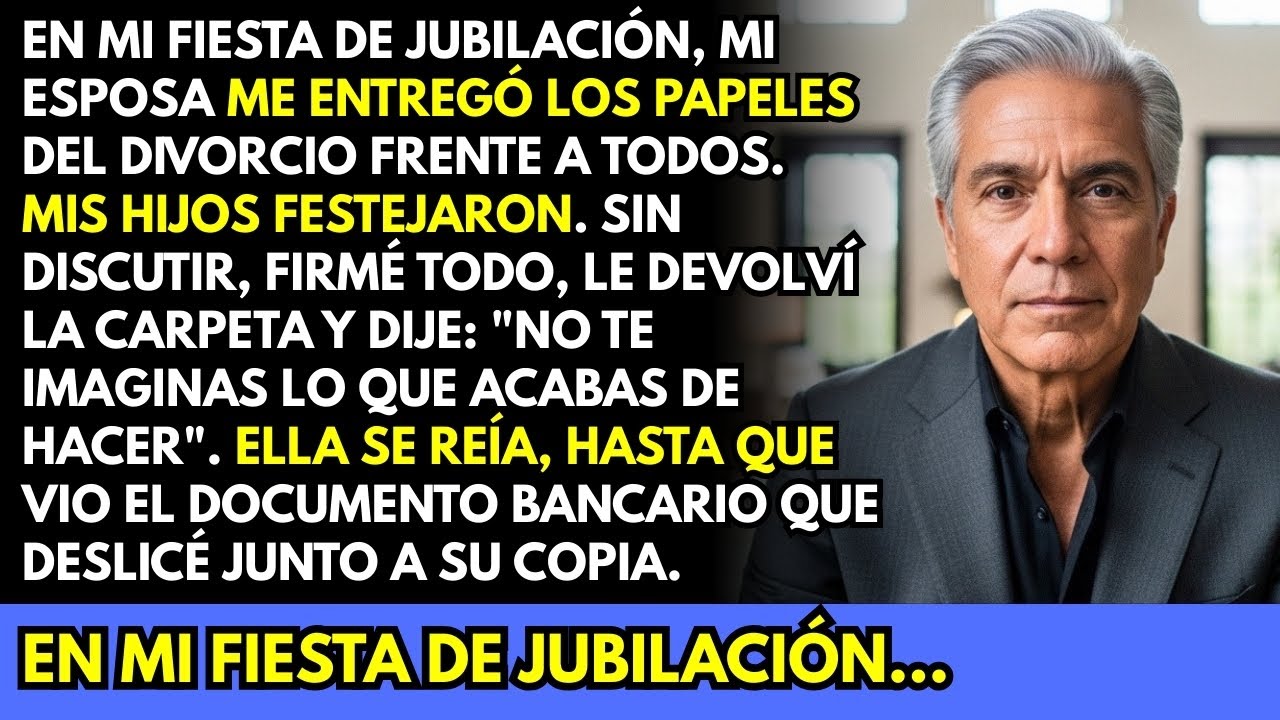 Mi esposa me pidió el divorcio en mi jubilación y mis hijos aplaudieron. Ella no vio lo que firmé…