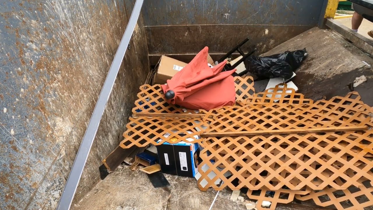 Compactor vs mixed furniture, lattice panels, random garbage